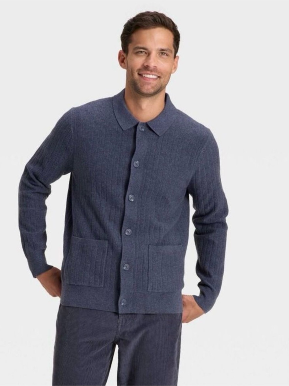 Goodfellow &Co Men’s Collared Cardigan Sweater, Navy Blue